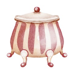 Hand-drawn watercolor sugarbowl. Single dishware item, pottery, cup, crockery, porcelain container, ceramic teapot, tableware, clip art, illustration, cookware, kitchen object.