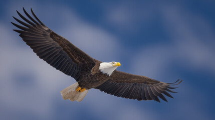 Fototapeta premium Majestic bald eagle soaring through blue sky, wings fully spread, sharp details against clouds