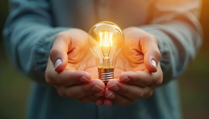 Entrepreneurial hands cradle glowing light bulb representing idea, innovation, opportunity. Bold, futuristic design symbolizes successful business growth, forward-thinking approach to new ventures.