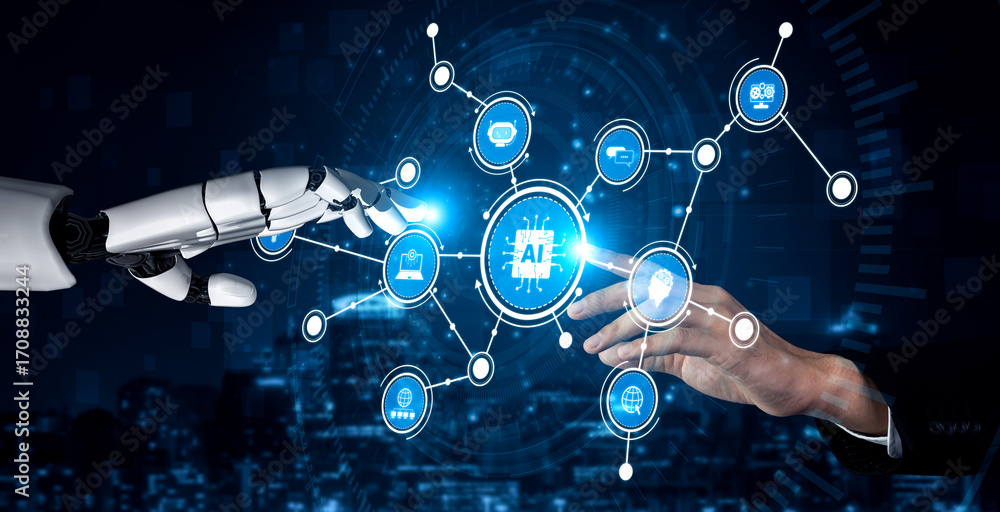 Poster a robotic hand and a human hand are reaching towards each other, symbolizing the collaboration betwe