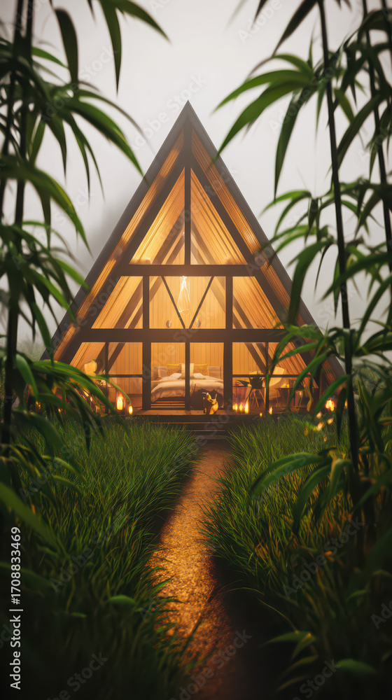Poster tranquil pyramid structure: an ethereal architectural gem emerges from a misty landscape, its triang