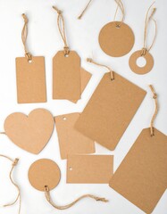 Assorted kraft paper tags on white background
