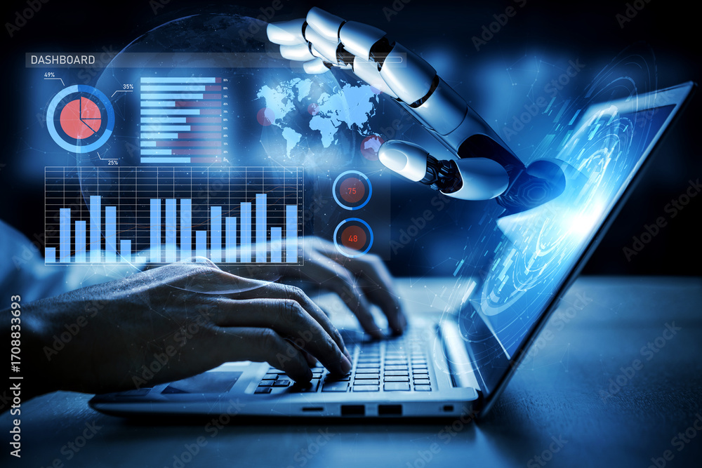 Aufkleber this image captures the interaction between a human hand and a robotic arm over a computer screen di