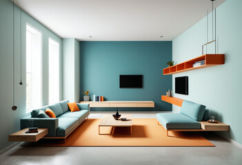 Modern Living Room with Blue Sofa and Orange Rug