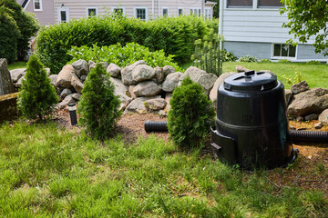 A compost bin in the backyard