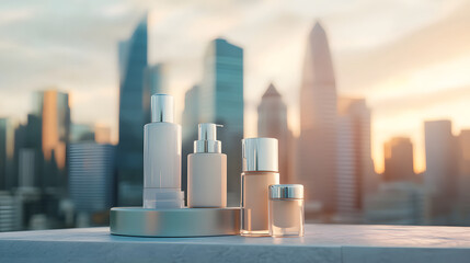 Obraz premium Skincare Bottles on Rooftop with City Skyline at Sunset