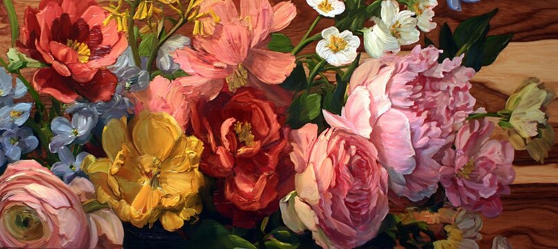Beautiful floral painting of peonies roses and other flowers in warm colors art print for sale online - Powered by Adobe