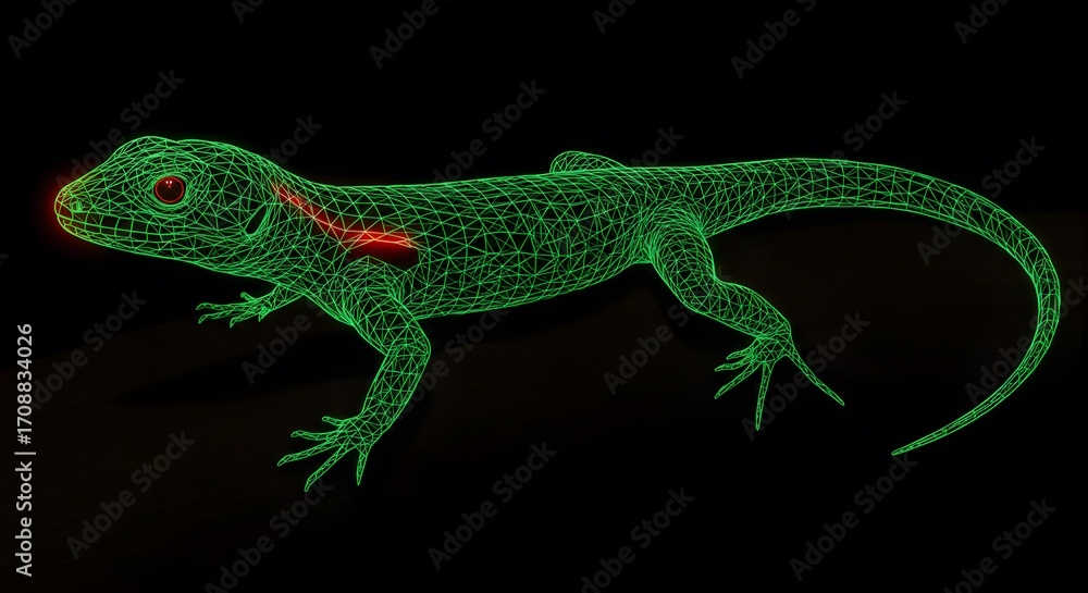 Poster digital wireframe lizard in green glowing light a 3d model of a reptile with intricate details