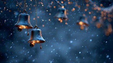 Snowy christmas bells hanging from a tree branch with lights shining through the snow flakes falling down