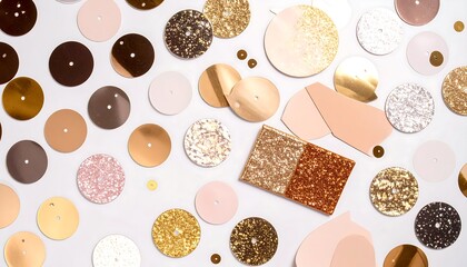 Assorted metallic circles and shapes on a light background