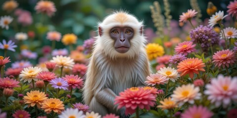 Obraz premium Floral Monkey Portrait White and Tan Primate Surrounded by Blooming Flowers in a Botanical Garden.