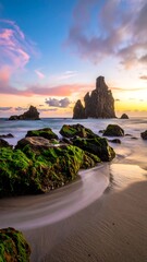 Coastal sunset with rocks and moss
