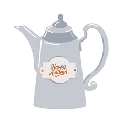 Vintage grey teapot, cozy kettle with Hello Autumn inscription. Rustic aluminum retro kettle. Colored flat vector illustration isolated on white background.