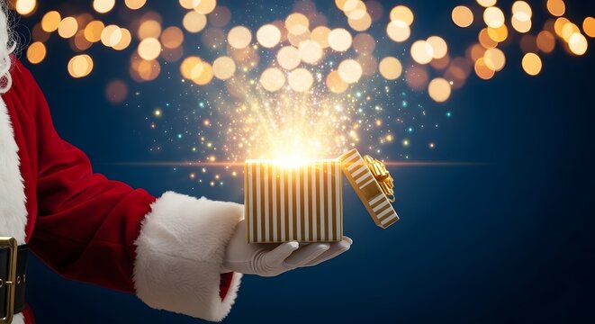 Santas hand reveals a magical glowing gift box with bokeh lights in the background