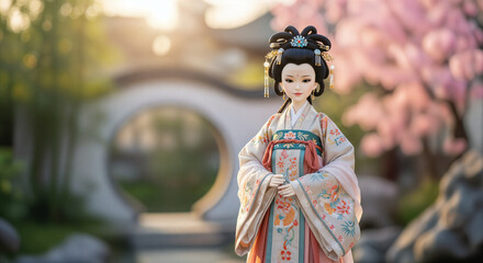 Chinese doll in hanfu attire, a symbol of oriental elegance and tradition in a serene garden.