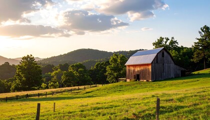 Rustic Wooden Barn in Green Pasture, Mountain Sunset