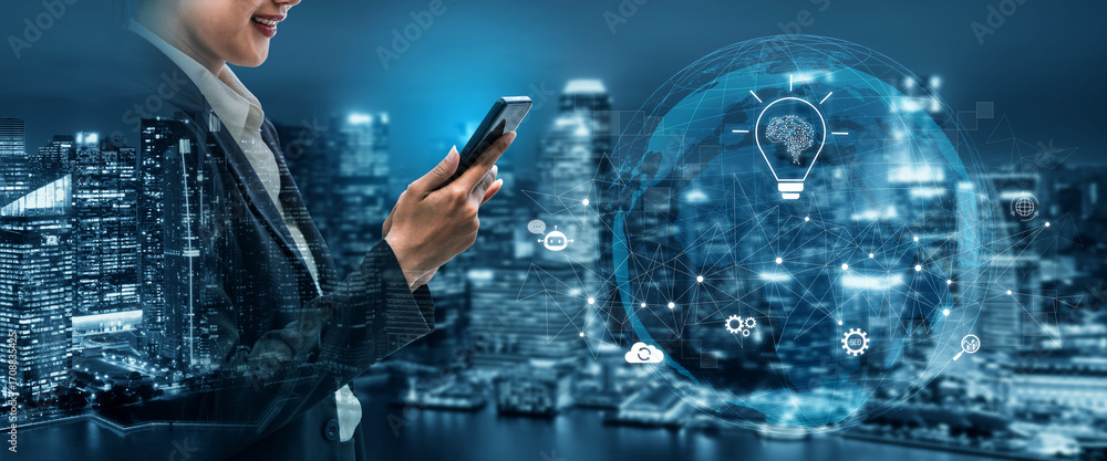Poster ai innovation with neural network and digital transformation. ai innovation drives automation, power