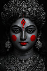 An intense portrait of the powerful goddess Maa Durga in a dramatic black and white with striking red accents for a creative representation, happy Navaratri and Dussehra