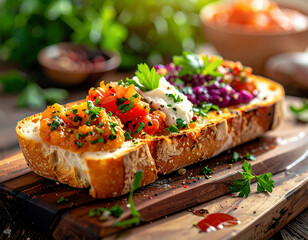 Assorted gourmet bruschetta topped with colorful vegetables, herbs, and spreads, served on rustic bread slices with vibrant presentation.
