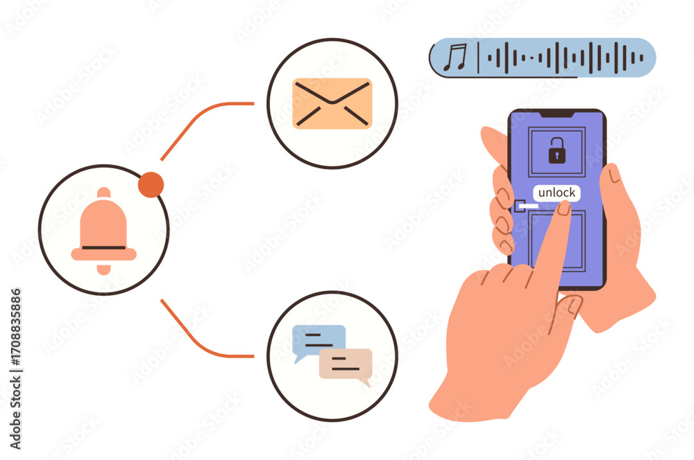 Poster hand unlocking smartphone using touch, accompanied by notifications such as email, chat, and sound a