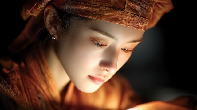 Close-up of Focused Asian Woman Working in Atmospheric Lighting