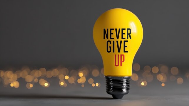 Bright yellow light bulb with the words never give up