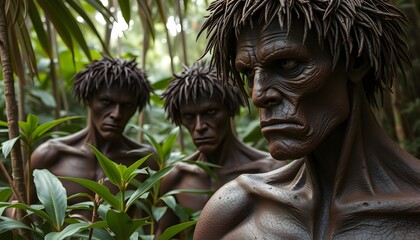 Three primitive men standing among dense foliage in a jungle environment with serious expressions on transparent background