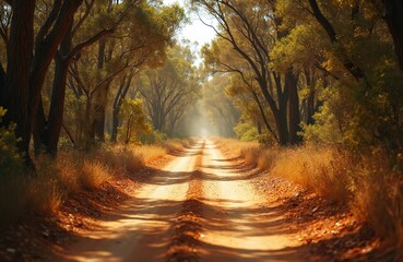 Sunlit dirt road winds through dry Australian bush. Midday haze softens the scene, bordered by golden grass and eucalyptus trees. This remote outback path evokes solitude and adventure.