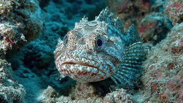 Stunning underwater footage of a venomous scorpionfish perfectly camouflaged among corals. This macro close-up reveals the marine predator's face and big eyes on the ocean floor.
