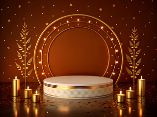 A festive podium scene with a round central stage featuring a decorative golden circular frame as the backdrop