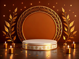 A festive podium scene with a round central stage featuring a decorative golden circular frame as the backdrop