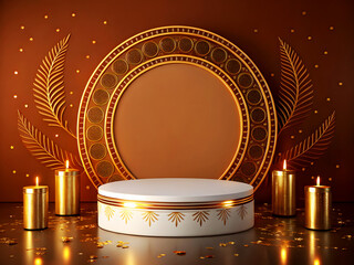 A festive podium scene with a round central stage featuring a decorative golden circular frame as the backdrop