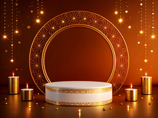 A festive podium scene with a round central stage featuring a decorative golden circular frame as the backdrop