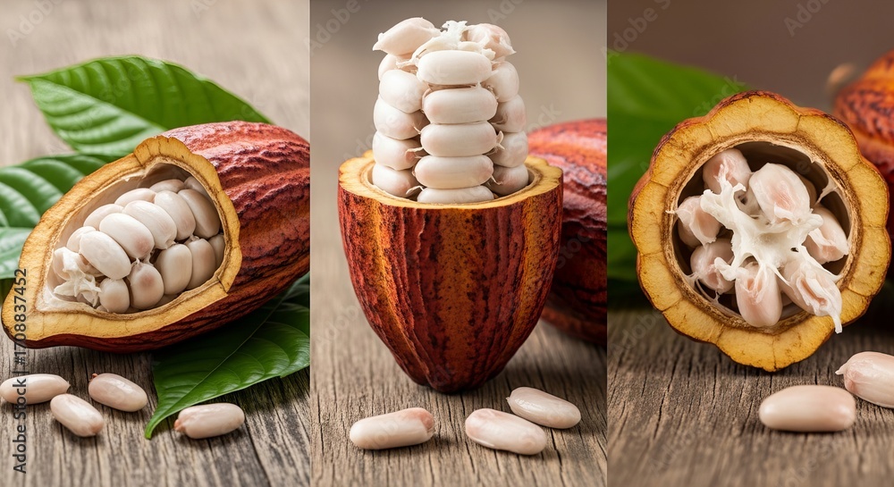 Poster split cocoa pods display white beans on weathered wooden table against muted background.