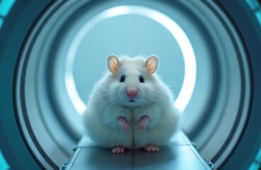 Cute white hamster inside MRI machine. Medical research and analysis in veterinary science focuses on animal health and care procedures. Mammal on diagnostic imaging in laboratory experiment.