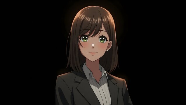 Gentle and warm portrait of an animated businesswoman smiling softly, a cinematic keyframe illustration with a dark backdrop