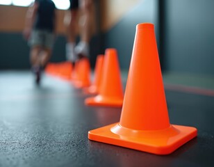 Orange agility cones line gym floor for athletic training drills. Athletes practice footwork, speed, coordination in dynamic indoor fitness session. Focus on preparation, skill development, peak