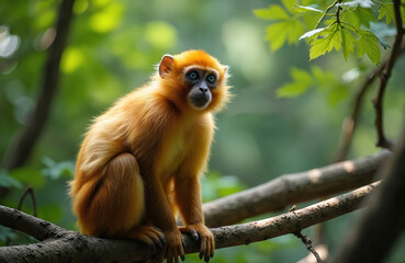 Fototapeta premium Golden snub-nosed monkey with blue eyes sits on forest tree branch. Rare primate, with vibrant orange fur, inhabits green habitats in China. Conservation efforts focus on protecting endangered