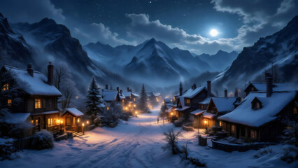 Dorf im Winter - Weihnachtszeit Wallpaper - Winterdorf Hintergrundbild - Alpendorf am Abend
