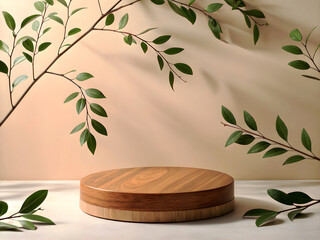 Minimalist wooden round podium on a soft beige background