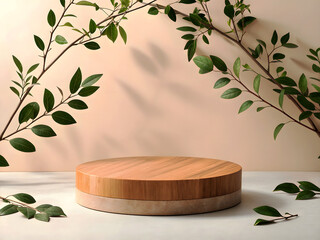 Minimalist wooden round podium on a soft beige background