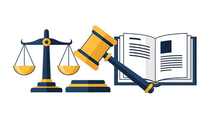 Illustration of a gavel, scales of justice, and an open law book, symbolizing legal concepts, justice system, and the importance of law in society and governance