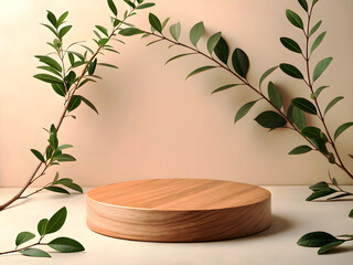 Minimalist wooden round podium on a soft beige background