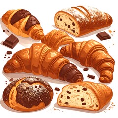 Assorted pastries, chocolate-covered croissants, and breads