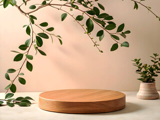 Minimalist wooden round podium on a soft beige background