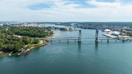 Aerial views of the Sarah Mildred Long Bridge spanning the Piscataqua River with Portsmouth and...