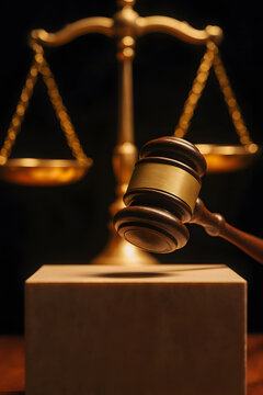 Gavel striking a wooden block in front of a golden scale of justice, symbolizing law and order, with a dramatic lighting effect creating a serious atmosphere
