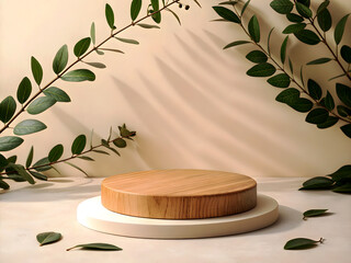 Minimalist wooden round podium on a soft beige background