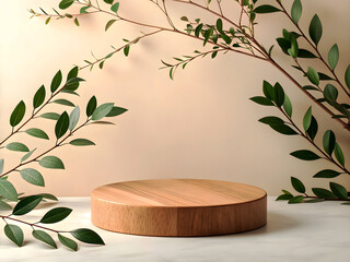 Minimalist wooden round podium on a soft beige background