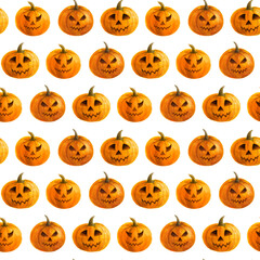 Orange pumpkin for halloween, watercolor seamless pattern jack o lantern. Hand drawn holiday illustration.